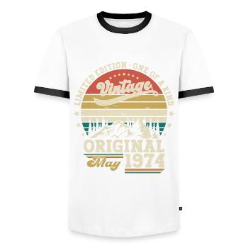 Anniversaire 1974 Mai 1974 Millésime 1974 Légende 74 - T-shirt contrasté Homme - blanc/noir - Devant - AI Model Female 172 light (172cm) & AI Model Male 178 dark (178cm)