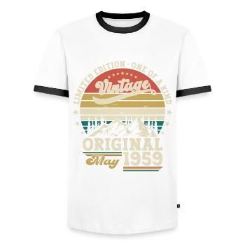 Geburtstag 1959 Mai 1959 Jahrgang 1959 Legende 59 - Männer Kontrast-T-Shirt - Weiß/Schwarz - Vorne - AI Model Female 172 light (172cm) & AI Model Male 178 dark (178cm)