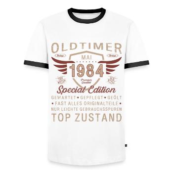 Oldtimer Mai 1984 Jahrgang 1984 Geburtstag 1984 - Männer Kontrast-T-Shirt - Weiß/Schwarz - Vorne - AI Model Female 172 light (172cm) & AI Model Male 178 dark (178cm)