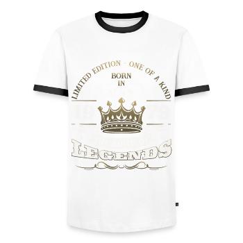 Original May 1979 Vintage 1979 Birthday 1979 - Men's Ringer Shirt - white/black - Front - AI Model Female 172 light (172cm) & AI Model Male 178 dark (178cm)