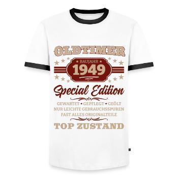 Oldtimer 1949 Jahrgang 1949 Geburtstag 1949 - Männer Kontrast-T-Shirt - Weiß/Schwarz - Vorne - AI Model Female 172 light (172cm) & AI Model Male 178 dark (178cm)