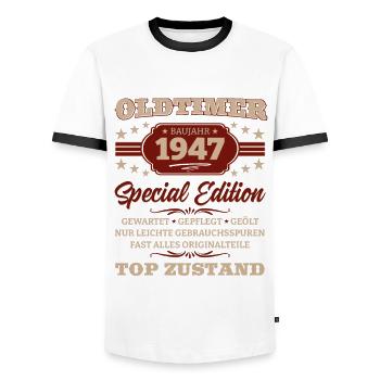 Oldtimer 1947 Jahrgang 1947 Geburtstag 1947 - Männer Kontrast-T-Shirt - Weiß/Schwarz - Vorne - AI Model Female 172 light (172cm) & AI Model Male 178 dark (178cm)