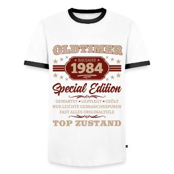 Oldtimer 1984 Jahrgang 1984 Geburtstag 1984 - Männer Kontrast-T-Shirt - Weiß/Schwarz - Vorne - AI Model Female 172 light (172cm) & AI Model Male 178 dark (178cm)