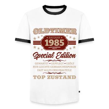 Voiture de collection mai 1985 Millésime 1985 Anniversaire 1985 - T-shirt contrasté Homme - blanc/noir - Devant - AI Model Female 172 light (172cm) & AI Model Male 178 dark (178cm)
