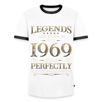 Légende Juin 1969 Millésime 1969 Anniversaire 1969 - T-shirt contrasté Homme - blanc/noir - Devant - AI Model Female 172 light (172cm) & AI Model Male 178 dark (178cm)