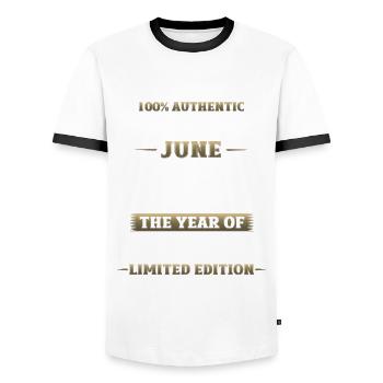 Original June 1959 Vintage 1959 Birthday 1959 - Men's Ringer Shirt - white/black - Front - AI Model Female 172 light (172cm) & AI Model Male 178 dark (178cm)