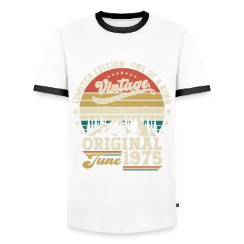 Original Juni 1975 Jahrgang 1975 Geburtstag 1975 - Männer Kontrast-T-Shirt - Weiß/Schwarz - Vorne - AI Model Female 172 light (172cm) & AI Model Male 178 dark (178cm)