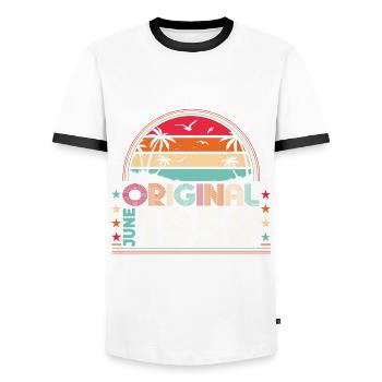 Original June 1958 Vintage 1958 Birthday 1958 - Men's Ringer Shirt - white/black - Front - AI Model Female 172 light (172cm) & AI Model Male 178 dark (178cm)