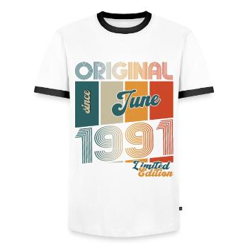 Original June 1991 Vintage 1991 Birthday 1991 - Men's Ringer Shirt - white/black - Front - AI Model Female 172 light (172cm) & AI Model Male 178 dark (178cm)