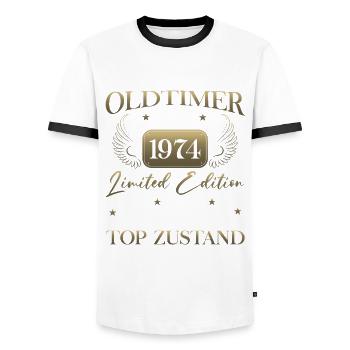 Millésime Juin 1975 Millésime 1975 Anniversaire 1975 - T-shirt contrasté Homme - blanc/noir - Devant - AI Model Female 172 light (172cm) & AI Model Male 178 dark (178cm)