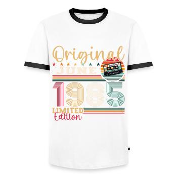 Cassette June 1985 Vintage 1985 Birthday 1985 - Men's Ringer Shirt - white/black - Front - AI Model Female 172 light (172cm) & AI Model Male 178 dark (178cm)