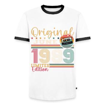 Kassette Juni 1989 Jahrgang 1989 Geburtstag 1989 - Männer Kontrast-T-Shirt - Weiß/Schwarz - Vorne - AI Model Female 172 light (172cm) & AI Model Male 178 dark (178cm)