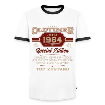 40ème Anniversaire Voiture Classique Juillet 1984 Millésime 1984 - T-shirt contrasté Homme - blanc/noir - Devant - AI Model Female 172 light (172cm) & AI Model Male 178 dark (178cm)