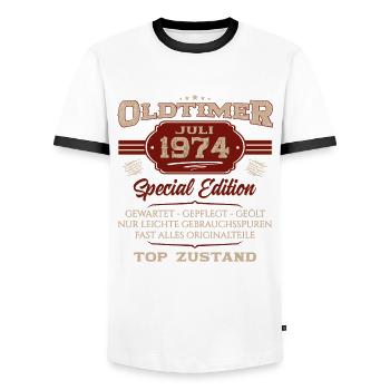50th Birthday Classic Car July 1974 Vintage 1974 - Men's Ringer Shirt - white/black - Front - AI Model Female 172 light (172cm) & AI Model Male 178 dark (178cm)