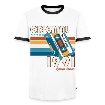 33rd Birthday Cassette July 1991 Vintage 1991 - Men's Ringer Shirt - white/black - Front - AI Model Female 172 light (172cm) & AI Model Male 178 dark (178cm)