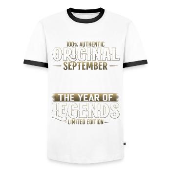 66ème Anniversaire Millésime Septembre 1958 Cru 58 - T-shirt contrasté Homme - blanc/noir - Devant - AI Model Female 172 light (172cm) & AI Model Male 178 dark (178cm)