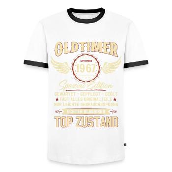 57. Geburtstag Oldtimer September 1967 Jahrgang 67 - Männer Kontrast-T-Shirt - Weiß/Schwarz - Vorne - AI Model Female 172 light (172cm) & AI Model Male 178 dark (178cm)