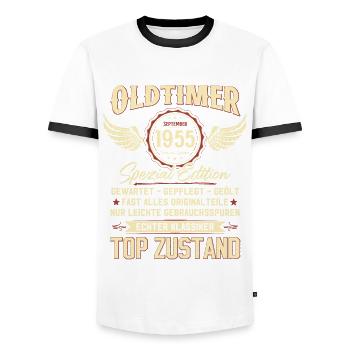 70. GeburtstagOldtimer September 1955 Jahrgang 55 - Männer Kontrast-T-Shirt - Weiß/Schwarz - Vorne - AI Model Female 172 light (172cm) & AI Model Male 178 dark (178cm)