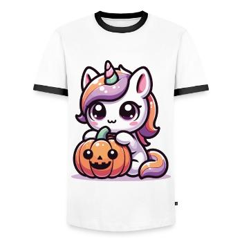 Halloween Unicorn Halloween Pumpkin - Men's Ringer Shirt - white/black - Front - AI Model Female 172 light (172cm) & AI Model Male 178 dark (178cm)