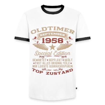 66. Geburtstag Oldtimer September 1958 Jahrgang 58 - Männer Kontrast-T-Shirt - Weiß/Schwarz - Vorne - AI Model Female 172 light (172cm) & AI Model Male 178 dark (178cm)