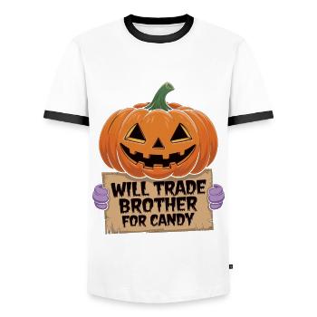 Halloween Will Trade Brother For Candy - Men's Ringer Shirt - white/black - Front - AI Model Female 172 light (172cm) & AI Model Male 178 dark (178cm)