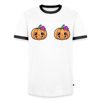 Stop Staring At My Pumpkins Halloween - Men's Ringer Shirt - white/black - Front - AI Model Female 172 light (172cm) & AI Model Male 178 dark (178cm)