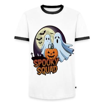 Halloween Spooky Squad Ghost with Hat - Men's Ringer Shirt - white/black - Front - AI Model Female 172 light (172cm) & AI Model Male 178 dark (178cm)