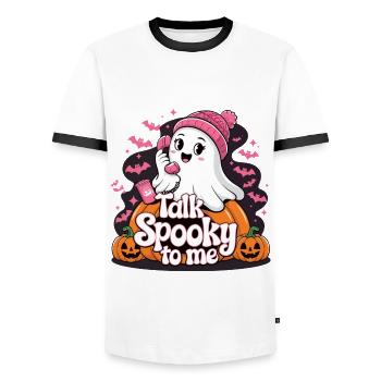 Halloween Ghost Funny Talk Spooky To Me - Männer Kontrast-T-Shirt - Weiß/Schwarz - Vorne - AI Model Female 172 light (172cm) & AI Model Male 178 dark (178cm)
