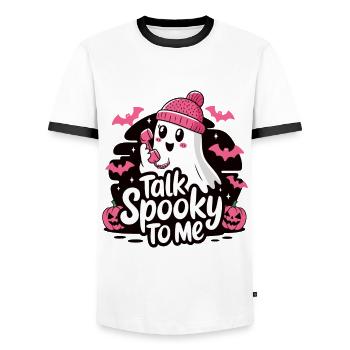 Halloween Ghost Funny Talk Spooky To Me - Männer Kontrast-T-Shirt - Weiß/Schwarz - Vorne - AI Model Female 172 light (172cm) & AI Model Male 178 dark (178cm)