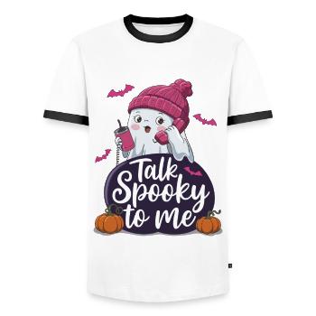 Halloween Ghost Funny Talk Spooky To Me - Männer Kontrast-T-Shirt - Weiß/Schwarz - Vorne - AI Model Female 172 light (172cm) & AI Model Male 178 dark (178cm)