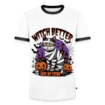 Halloween Cat Forget Candy Give Me A Cat - Men's Ringer Shirt - white/black - Front - AI Model Female 172 light (172cm) & AI Model Male 178 dark (178cm)