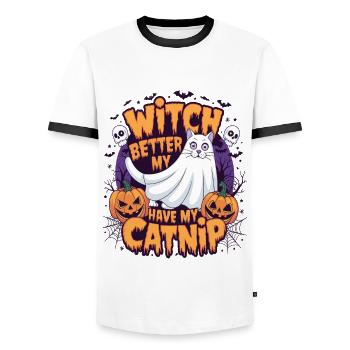 Halloween Cat Forget Candy Give Me A Cat - Men's Ringer Shirt - white/black - Front - AI Model Female 172 light (172cm) & AI Model Male 178 dark (178cm)