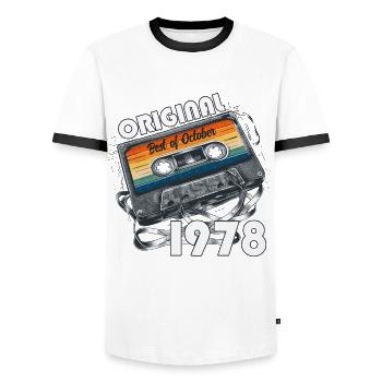 46th Birthday Vintage October 1978 Cassette 1978 - Men's Ringer Shirt - white/black - Front - AI Model Female 172 light (172cm) & AI Model Male 178 dark (178cm)
