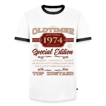 50th Birthday Classic Car November 1974 Vintage 74 - Men's Ringer Shirt - white/black - Front - AI Model Female 172 light (172cm) & AI Model Male 178 dark (178cm)