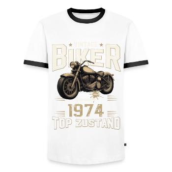 50ème Anniversaire Motard Novembre 1974 Motard - T-shirt contrasté Homme - blanc/noir - Devant - AI Model Female 172 light (172cm) & AI Model Male 178 dark (178cm)