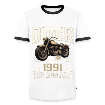 33e anniversaire Motard Novembre 1991 Motard - T-shirt contrasté Homme - blanc/noir - Devant - AI Model Female 172 light (172cm) & AI Model Male 178 dark (178cm)