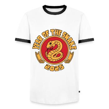 Année Chinoise 2025 Année du Serpent - T-shirt contrasté Homme - blanc/noir - Devant - AI Model Female 172 light (172cm) & AI Model Male 178 dark (178cm)