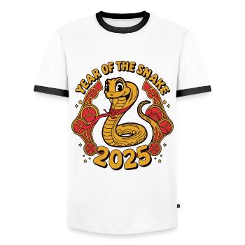 Chinese Year 2025 Year of the Snake - Men's Ringer Shirt - white/black - Front - AI Model Female 172 light (172cm) & AI Model Male 178 dark (178cm)
