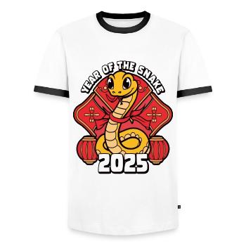 Chinese Year 2025 Year of the Snake - Men's Ringer Shirt - white/black - Front - AI Model Female 172 light (172cm) & AI Model Male 178 dark (178cm)
