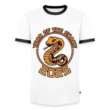 Chinese Year 2025 Year of the Snake - Men's Ringer Shirt - white/black - Front - AI Model Female 172 light (172cm) & AI Model Male 178 dark (178cm)