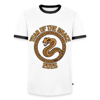 Chinese Year 2025 Year of the Snake - Men's Ringer Shirt - white/black - Front - AI Model Female 172 light (172cm) & AI Model Male 178 dark (178cm)