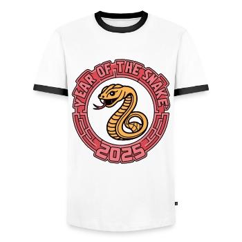 Chinese Year 2025 Year of the Snake - Men's Ringer Shirt - white/black - Front - AI Model Female 172 light (172cm) & AI Model Male 178 dark (178cm)