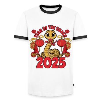Année Chinoise 2025 Année du Serpent - T-shirt contrasté Homme - blanc/noir - Devant - AI Model Female 172 light (172cm) & AI Model Male 178 dark (178cm)