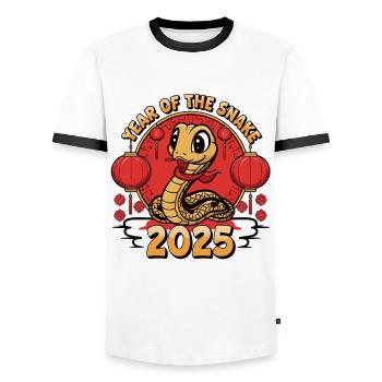 Année Chinoise 2025 Année du Serpent - T-shirt contrasté Homme - blanc/noir - Devant - AI Model Female 172 light (172cm) & AI Model Male 178 dark (178cm)