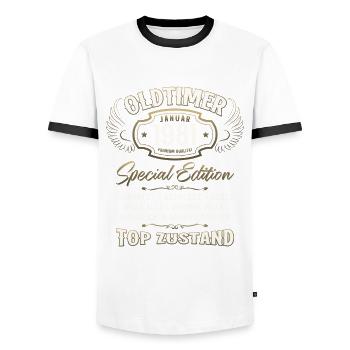 44ème Anniversaire Voiture Classique Janvier 1981 Millésime 81 - T-shirt contrasté Homme - blanc/noir - Devant - AI Model Female 172 light (172cm) & AI Model Male 178 dark (178cm)