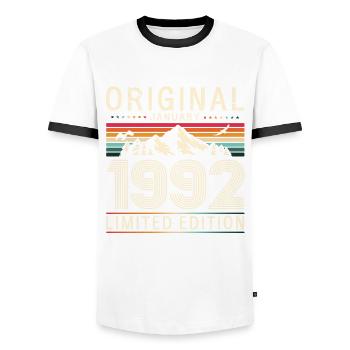 32ème Anniversaire Millésime Janvier 1992 Cassette 1992 - T-shirt contrasté Homme - blanc/noir - Devant - AI Model Female 172 light (172cm) & AI Model Male 178 dark (178cm)