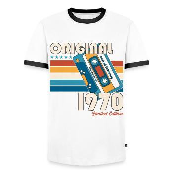 55th Birthday Original February 1970 Cassette 1970 - Men's Ringer Shirt - white/black - Front - AI Model Female 172 light (172cm) & AI Model Male 178 dark (178cm)