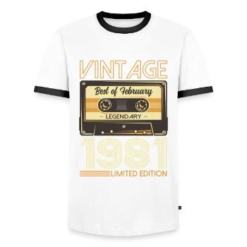 44th Birthday Cassette February Vintage 1981 - Men's Ringer Shirt - white/black - Front - AI Model Female 172 light (172cm) & AI Model Male 178 dark (178cm)