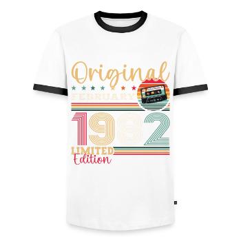 Cadeau d'anniversaire 43 ans Homme Original Février 1982 - T-shirt contrasté Homme - blanc/noir - Devant - AI Model Female 172 light (172cm) & AI Model Male 178 dark (178cm)