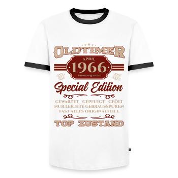 60. Geburtstag Oldtimer April Jahrgang 1966 - Männer Kontrast-T-Shirt - Weiß/Schwarz - Vorne - AI Model Female 172 light (172cm) & AI Model Male 178 dark (178cm)